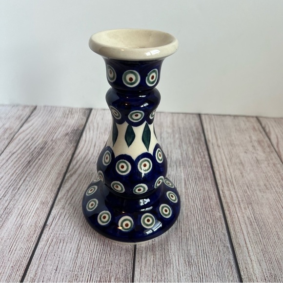 Polish Pottery Peacock Pattern Candle Holder - Picture 1 of 5